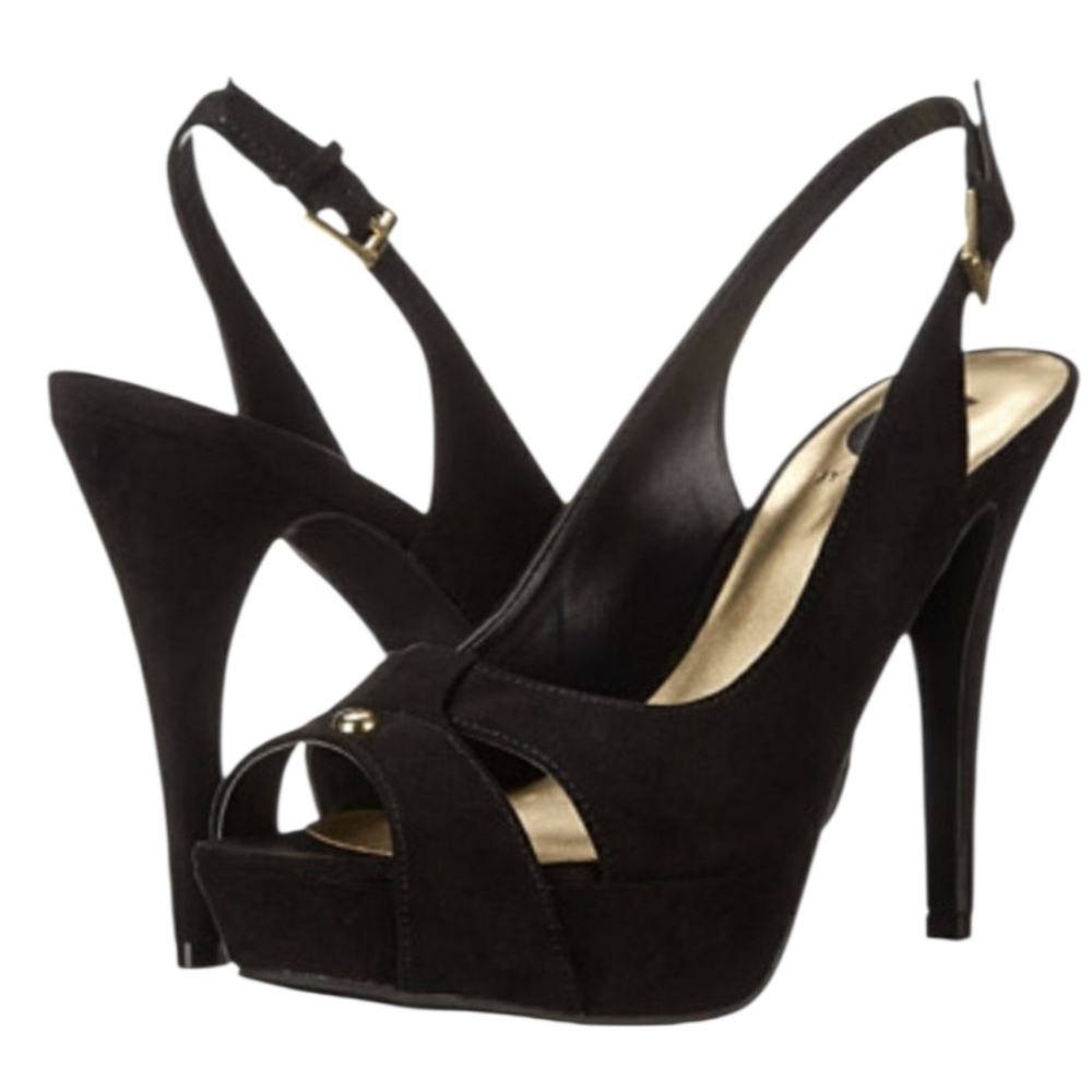 G BY GUESS BLACK SUADE  PEEP-TOE WEDGE COMFORTABLE CLASSY HEEL TIMELESS